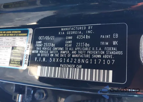 2022 Kia K5 Lxs из США, поврежденный, VIN 5XXG14J28NG117107